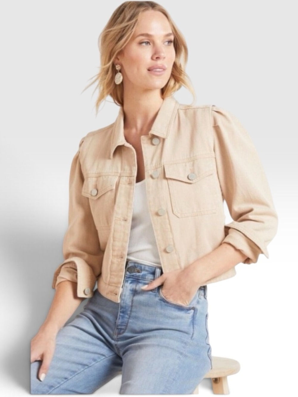 BLANKNYC Cream Puffy Sleeve Lightweight Denim Jacket Size Large